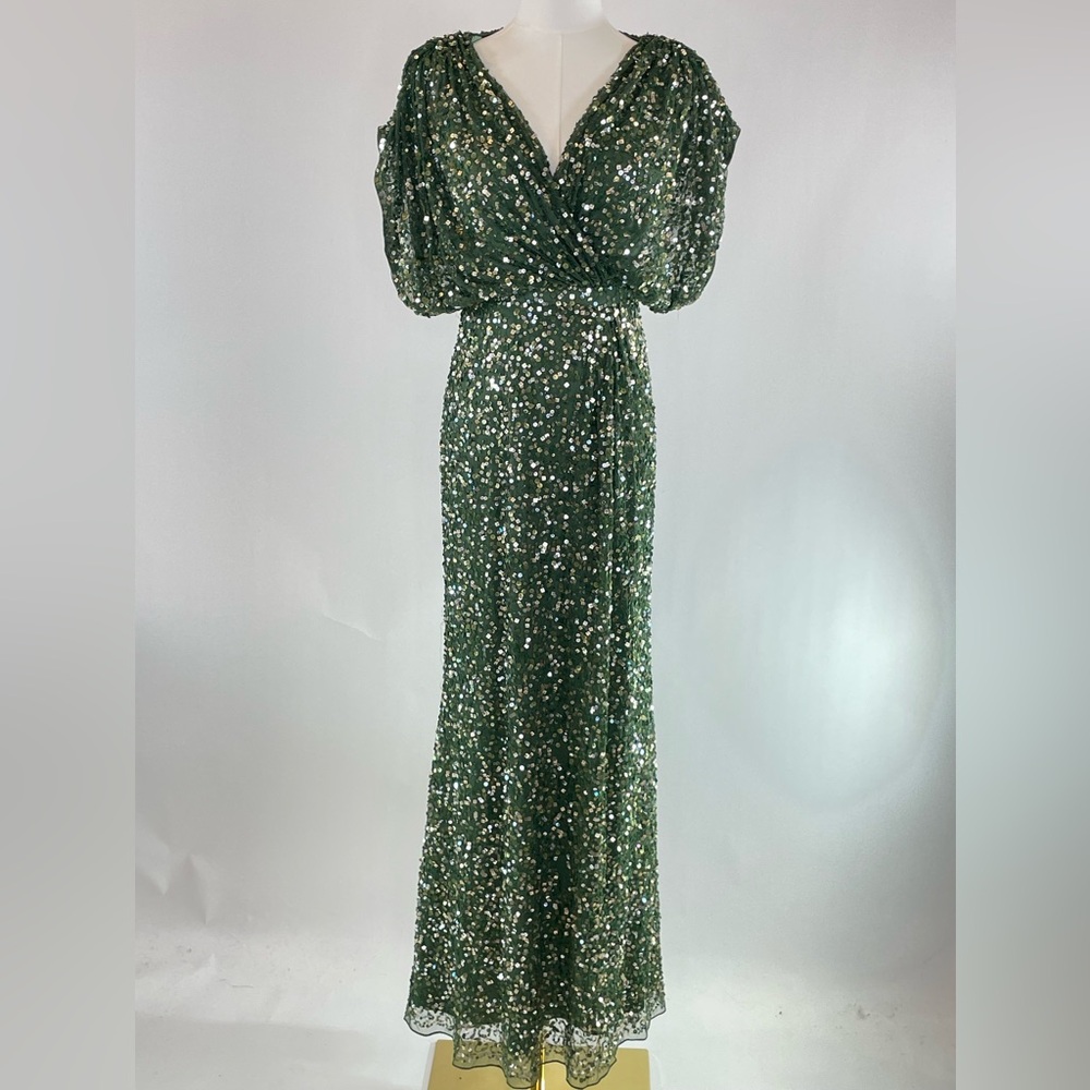Ieena for Mac Duggal Draped Sleeve Emerald Sequin Gown, 4